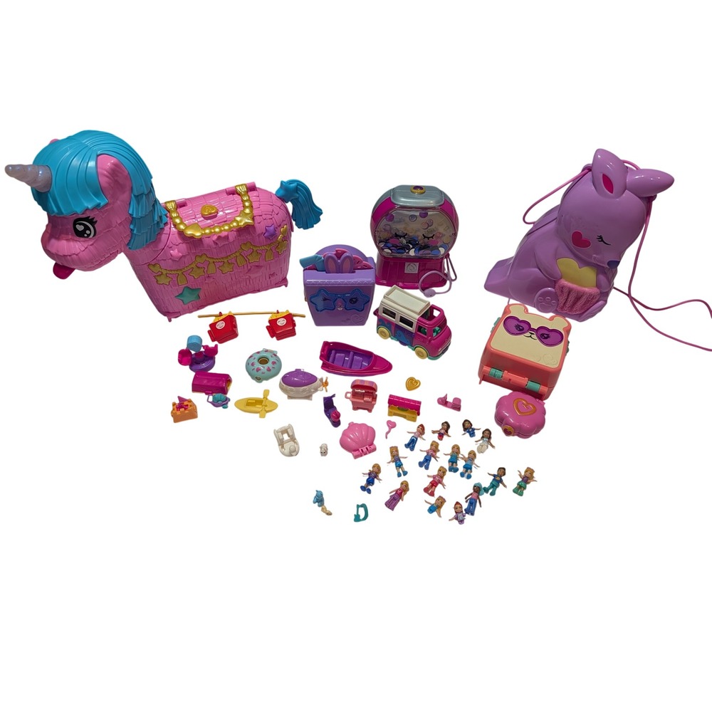 Polly Pocket 6 Compact Lot Unicorn Pinata Kangaroo Gumball Toast +Dolls